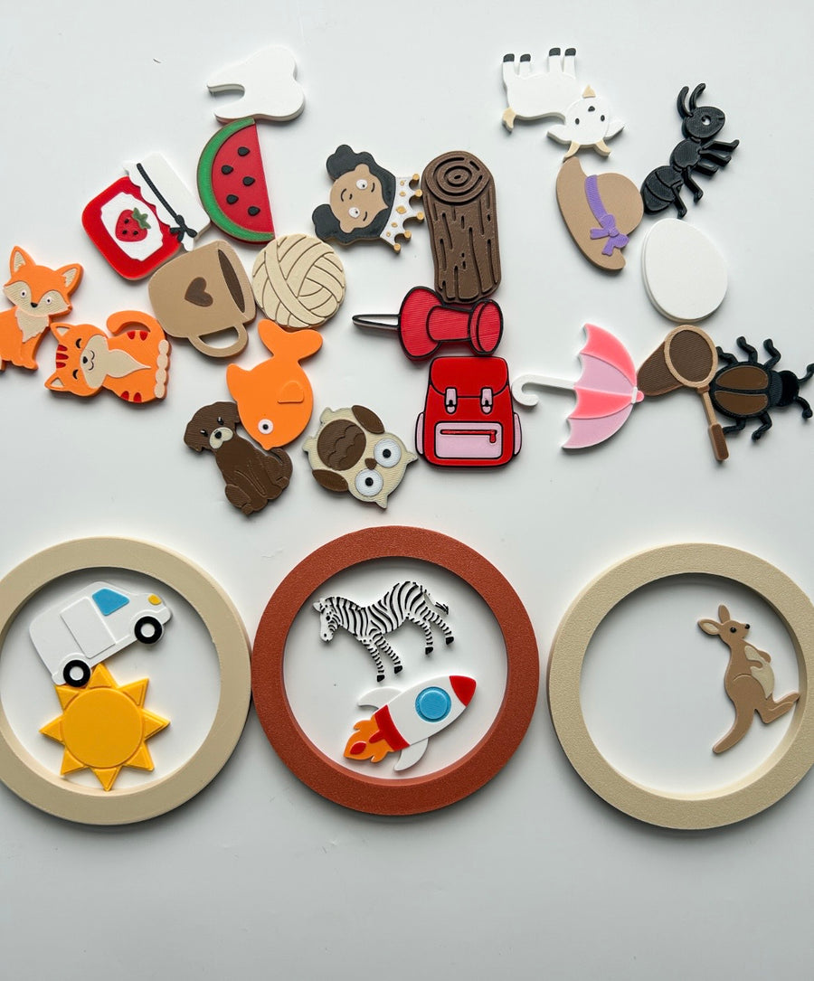 Mini objects sorted into three Learning Circles