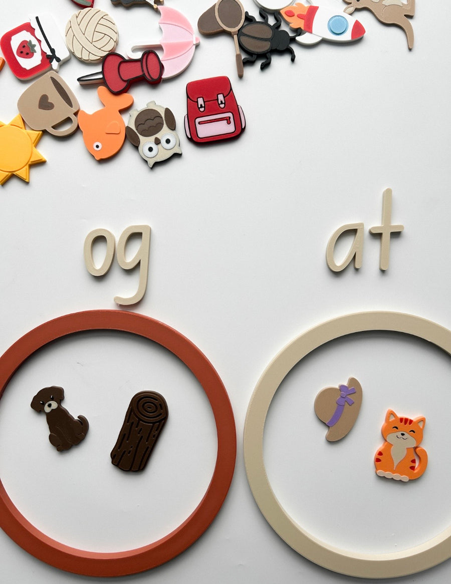 Mini objects sorted into og and at word families inside two Learning Circles